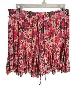 Grace & Lace pink & green floral ruffle  drawstring waist mini skort size small